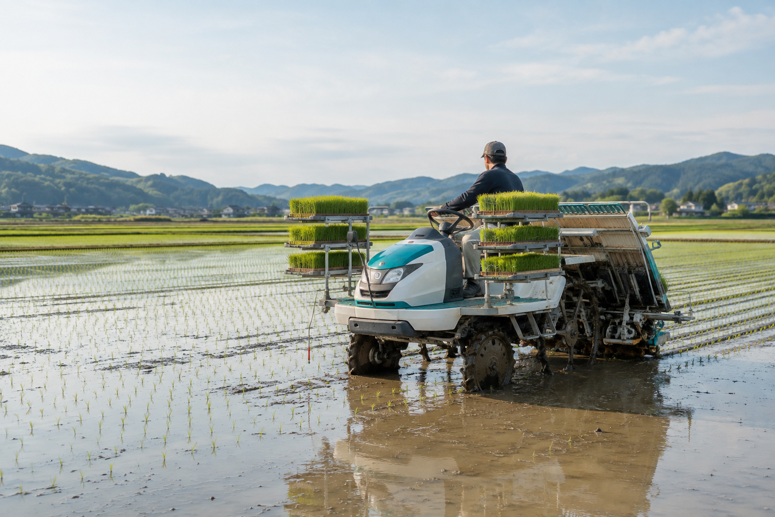 Educational concept photograph of a generic rice transplanter working in a Japanese paddy; not a specific manufacturer product