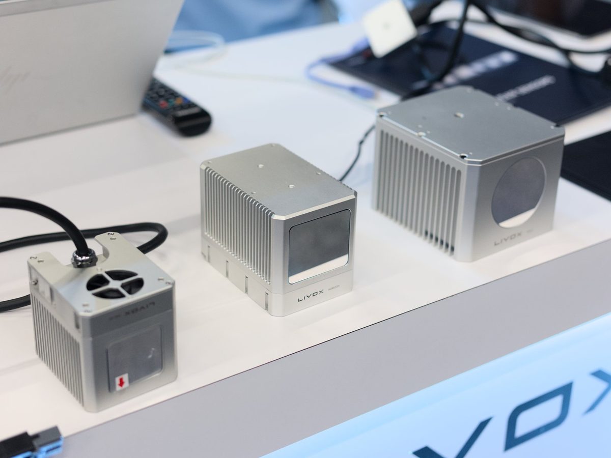 Three Livox LiDAR models on display (Mid-40, Horizon, Tele-15)